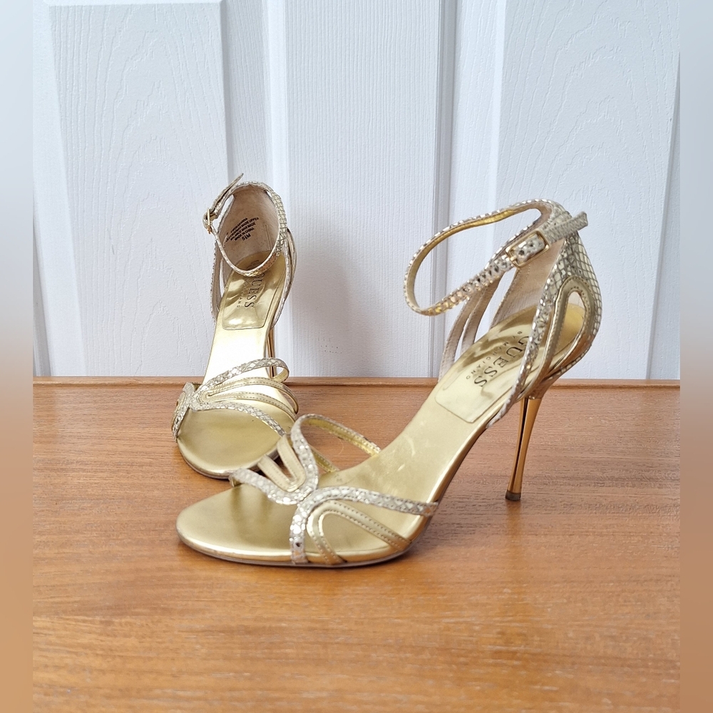 Guess Leather Snake Print Heels Gold Strappy Stilettos Evening Cocktail Size 5.5